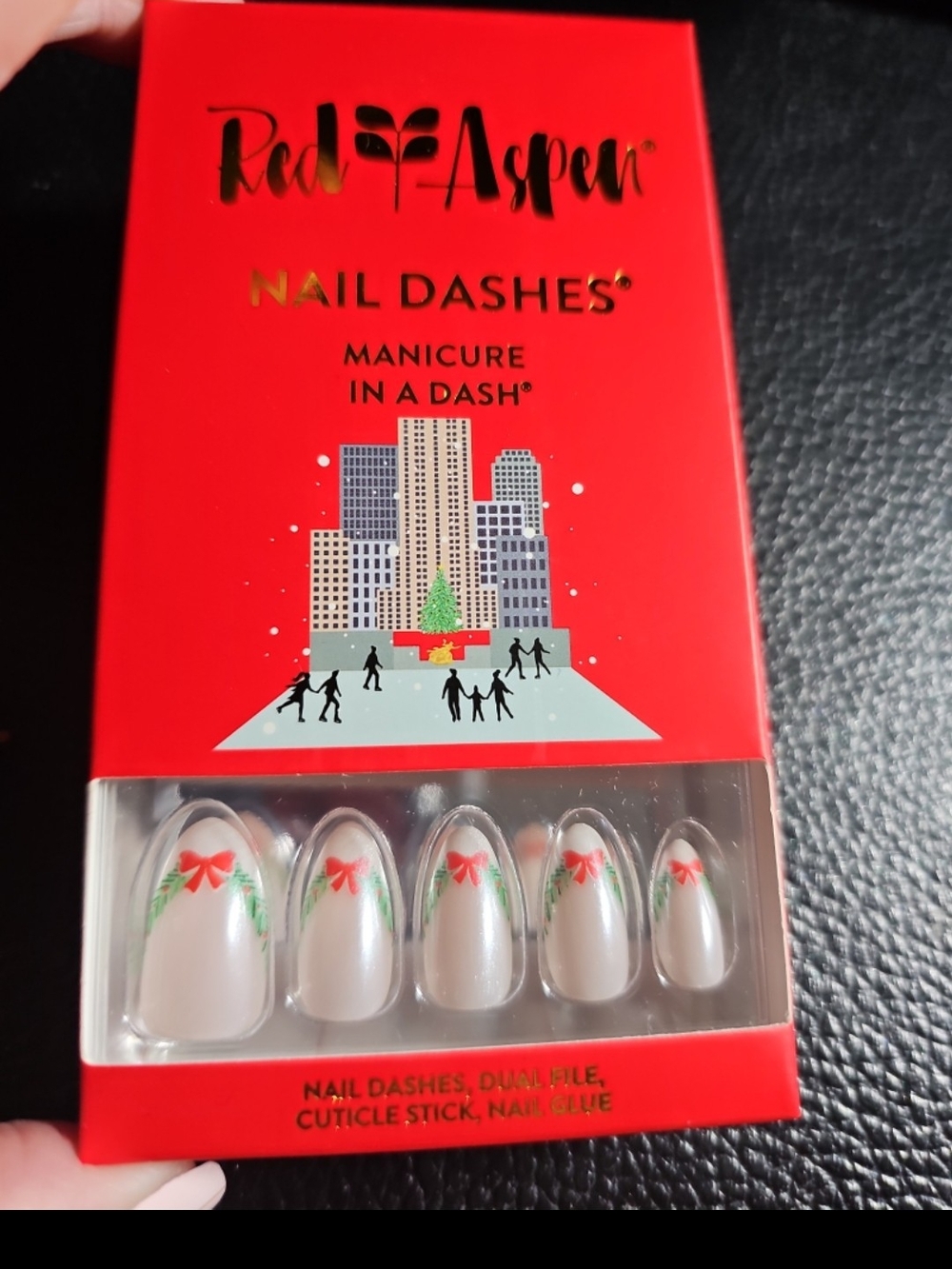 Red Aspen White Press-On Nails with Red Bow Accent At the rink with Carsyn